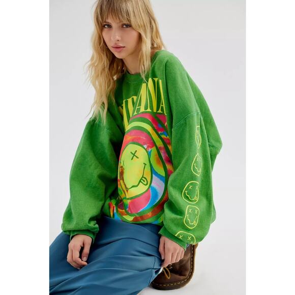 Urban Outfitters X Nirvana Oversized Sweatshirt Spiral Smile Face Green Crewneck - Picture 4 of 6